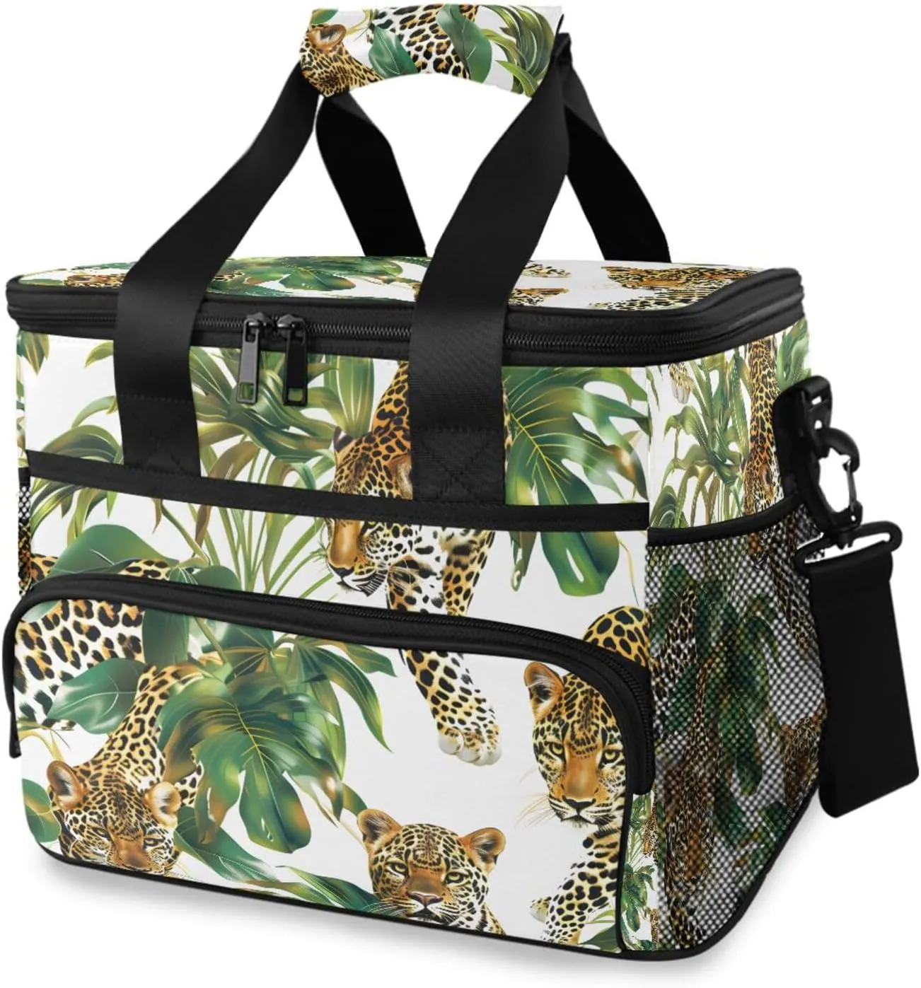 Leopard Tropical Plant Cooler Bag Insulated Cooler Soft Sided Cooler 24 Can Portable Picnic Bag Large Leakproof Lunch Bag Box for Beach Grocery Camping Travel Car Men Women