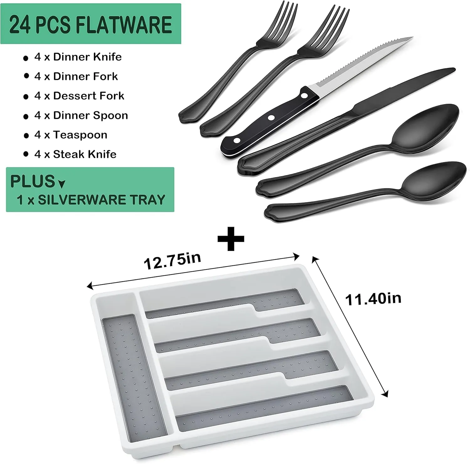 LIANYU 24-Piece Black Silverware Set with Steak Knives and Organizer Tray, Stainless Steel Cutlery Flatware Set for 4, Tableware Eating Utensils with Scalloped Edge, Dishwasher Safe