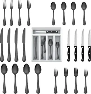 LIANYU 24-Piece Black Silverware Set with Steak Knives and Organizer Tray, Stainless Steel Cutlery Flatware Set for 4, Tableware Eating Utensils with Scalloped Edge, Dishwasher Safe