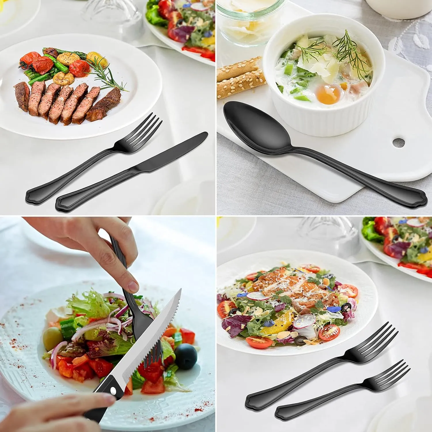 LIANYU 24-Piece Black Silverware Set with Steak Knives and Organizer Tray, Stainless Steel Cutlery Flatware Set for 4, Tableware Eating Utensils with Scalloped Edge, Dishwasher Safe