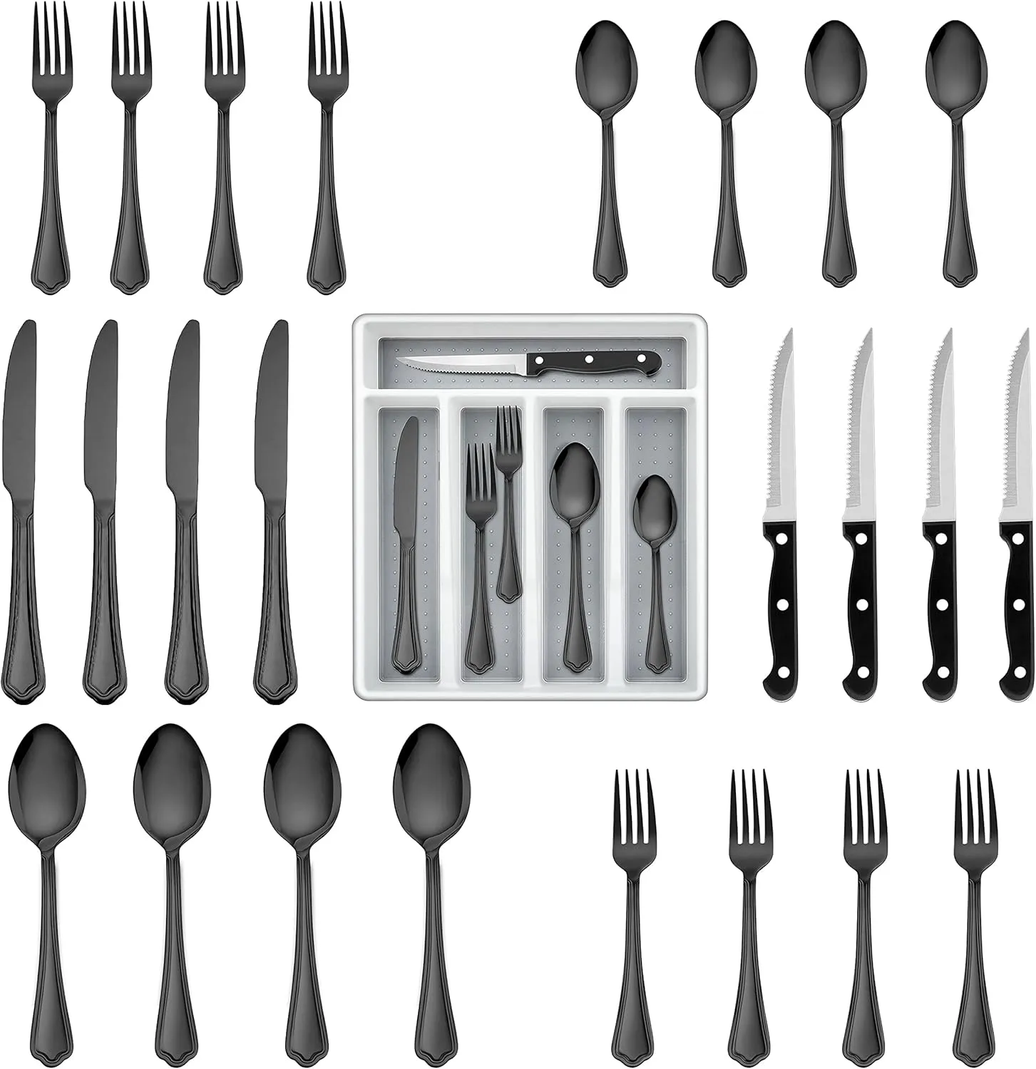 LIANYU 24-Piece Black Silverware Set with Steak Knives and Organizer Tray, Stainless Steel Cutlery Flatware Set for 4, Tableware Eating Utensils with Scalloped Edge, Dishwasher Safe