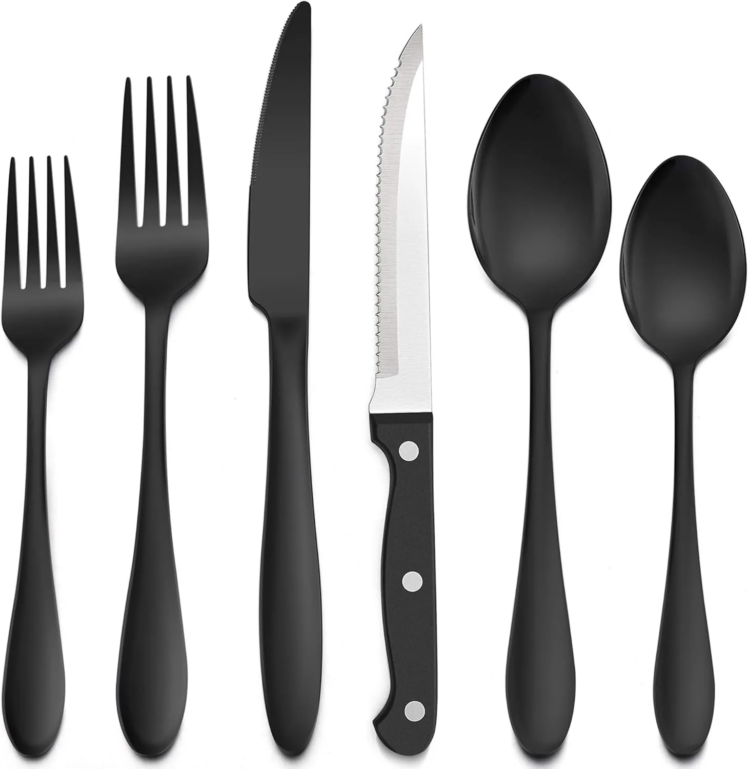 LIANYU 36-Piece Black Flatware Set with Steak Knives, Stainless Steel Silverware Cutlery Set for 6, Tableware Eating Utensils, Mirror Finished, Dishwasher Safe