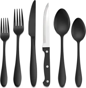 LIANYU 36-Piece Black Flatware Set with Steak Knives, Stainless Steel Silverware Cutlery Set for 6, Tableware Eating Utensils, Mirror Finished, Dishwasher Safe