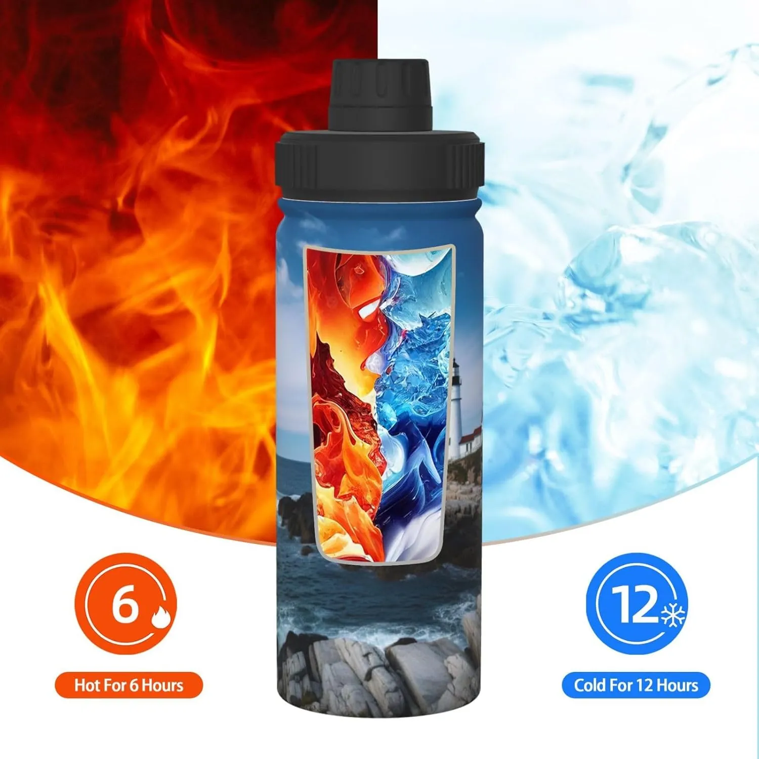 Lighthouse Tree 18 oz Stainless Steel Water Bottles Insulated Sports Water Bottle with Spout Lid, Blue Sea Reef Double Wall Travel Water Flask for Running Hiking Fishing