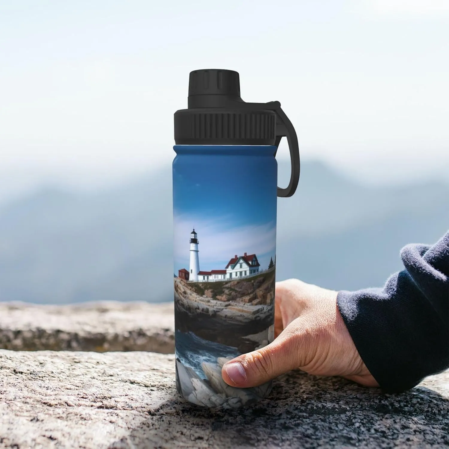 Lighthouse Tree 18 oz Stainless Steel Water Bottles Insulated Sports Water Bottle with Spout Lid, Blue Sea Reef Double Wall Travel Water Flask for Running Hiking Fishing