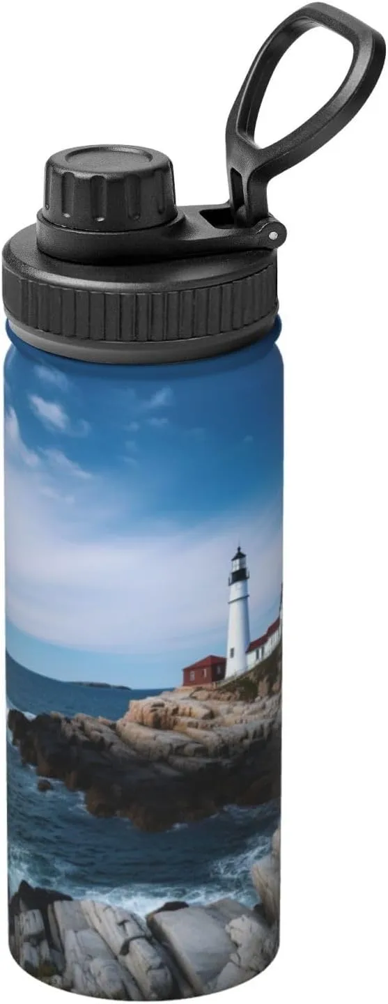Lighthouse Tree 18 oz Stainless Steel Water Bottles Insulated Sports Water Bottle with Spout Lid, Blue Sea Reef Double Wall Travel Water Flask for Running Hiking Fishing