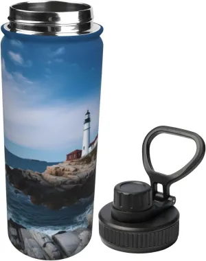 Lighthouse Tree 18 oz Stainless Steel Water Bottles Insulated Sports Water Bottle with Spout Lid, Blue Sea Reef Double Wall Travel Water Flask for Running Hiking Fishing