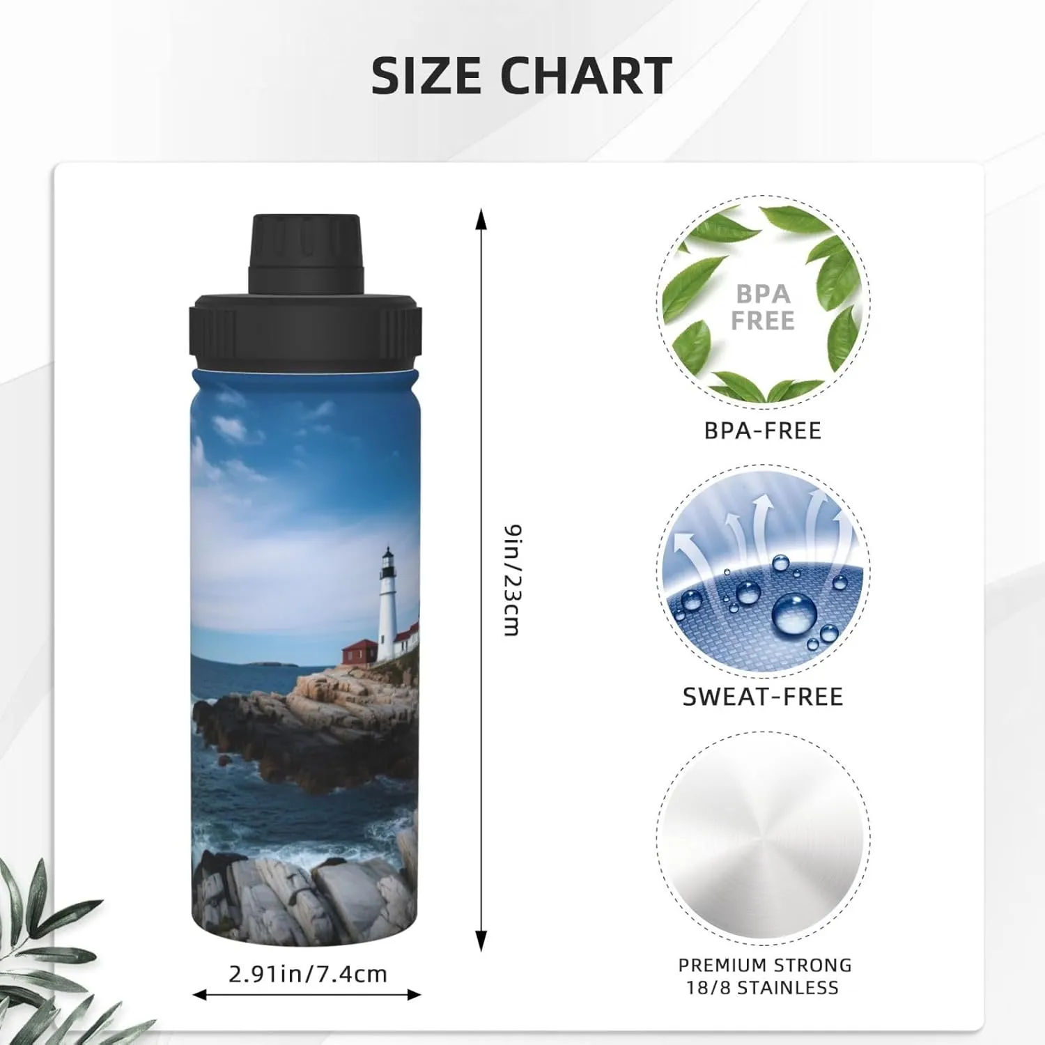 Lighthouse Tree 18 oz Stainless Steel Water Bottles Insulated Sports Water Bottle with Spout Lid, Blue Sea Reef Double Wall Travel Water Flask for Running Hiking Fishing