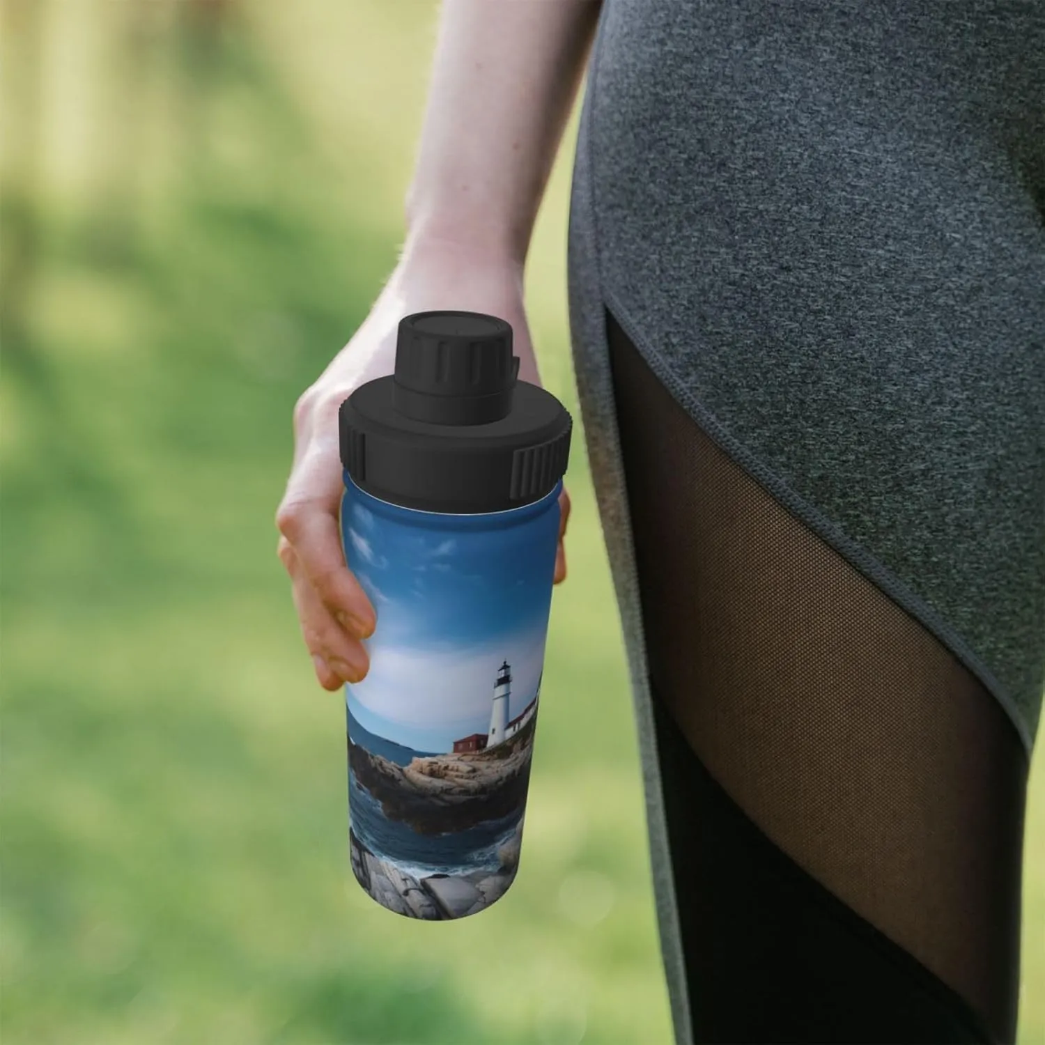 Lighthouse Tree 18 oz Stainless Steel Water Bottles Insulated Sports Water Bottle with Spout Lid, Blue Sea Reef Double Wall Travel Water Flask for Running Hiking Fishing