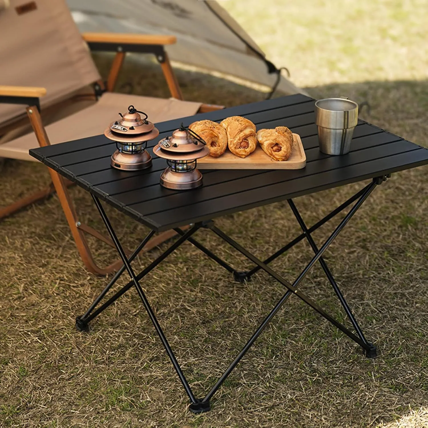 Lightweight Folding Camping Table,Roll Up Aluminum Table with Bag,Portable Outdoor Picnic Table,Small Ultralight Camp Table for Sand BBQ Party Hiking Travel,Color:Black