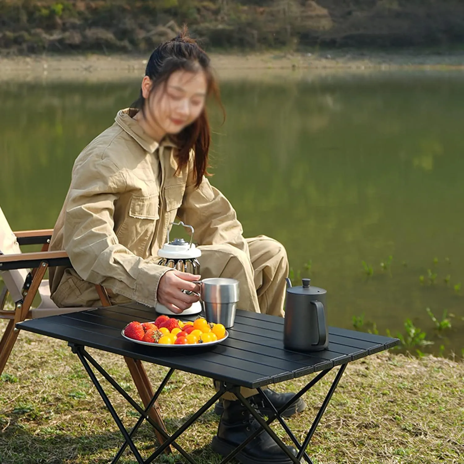 Lightweight Folding Camping Table,Roll Up Aluminum Table with Bag,Portable Outdoor Picnic Table,Small Ultralight Camp Table for Sand BBQ Party Hiking Travel,Color:Black