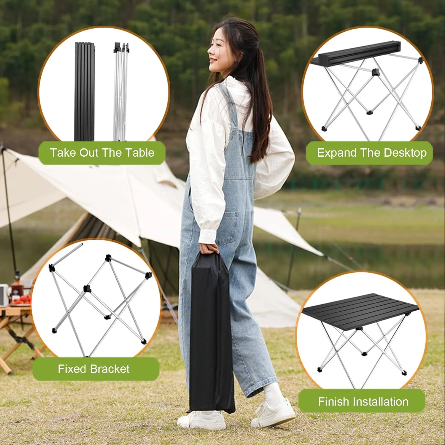 Lightweight Folding Camping Table,Roll Up Aluminum Table with Bag,Portable Outdoor Picnic Table,Small Ultralight Camp Table for Sand BBQ Party Hiking Travel,Color:Black