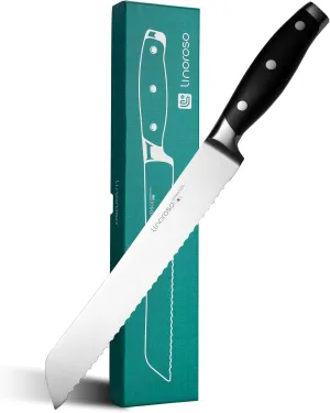 linoroso Serrated Bread Knife for Homemade Bread with Elegant Gift Box, Full Tang Ultra Sharp Forged German Carbon Stainless Steel Bread Knife 8 inch for Slicing Bread, Bagels, Cake - Classic Series