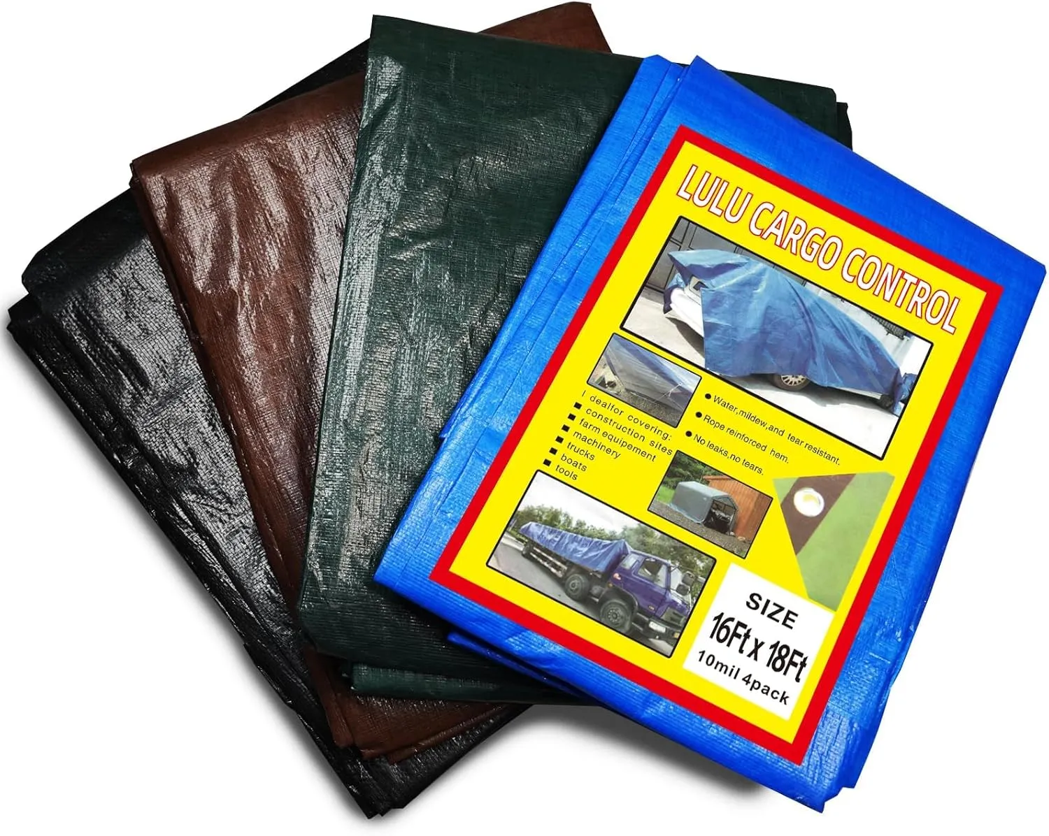 LLCC Heavy Duty 10 Mil Tarp, 16 x18 Ft Waterproof Poly Tarp, UV Resistant, Rip and Tear Proof with Grommets for Emergency Rain, Outdoor Camping, Windy Weather, 4 Pack