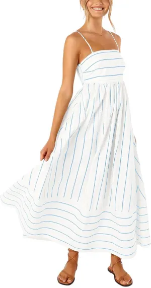 loveimgs Women's Summer Casual Striped Smocked Maxi Dress Spaghetti Strap Cut Out Flowy Swing Long Dresses