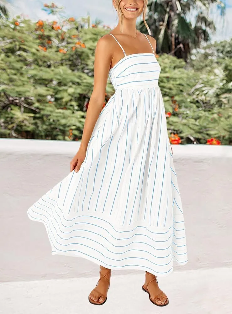 loveimgs Women's Summer Casual Striped Smocked Maxi Dress Spaghetti Strap Cut Out Flowy Swing Long Dresses
