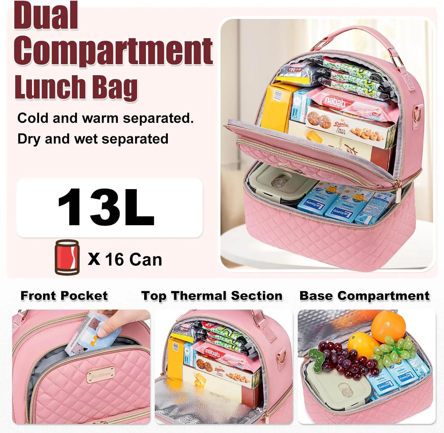 Lunch Bag for Women,Double Decker Lunch Box for Womens, Insulated Lunchbag Leakproof Lunch Tote Lunch Cooler Bag for Women Men,Lunchbox with Adjustable Strap for Work Picnic Beach