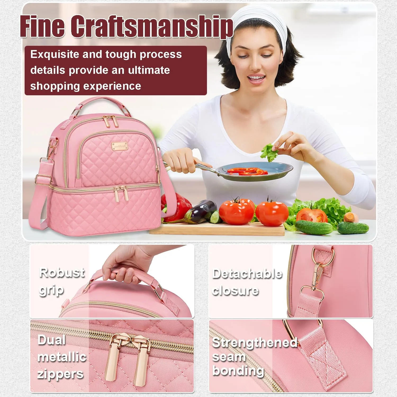 Lunch Bag for Women,Double Decker Lunch Box for Womens, Insulated Lunchbag Leakproof Lunch Tote Lunch Cooler Bag for Women Men,Lunchbox with Adjustable Strap for Work Picnic Beach