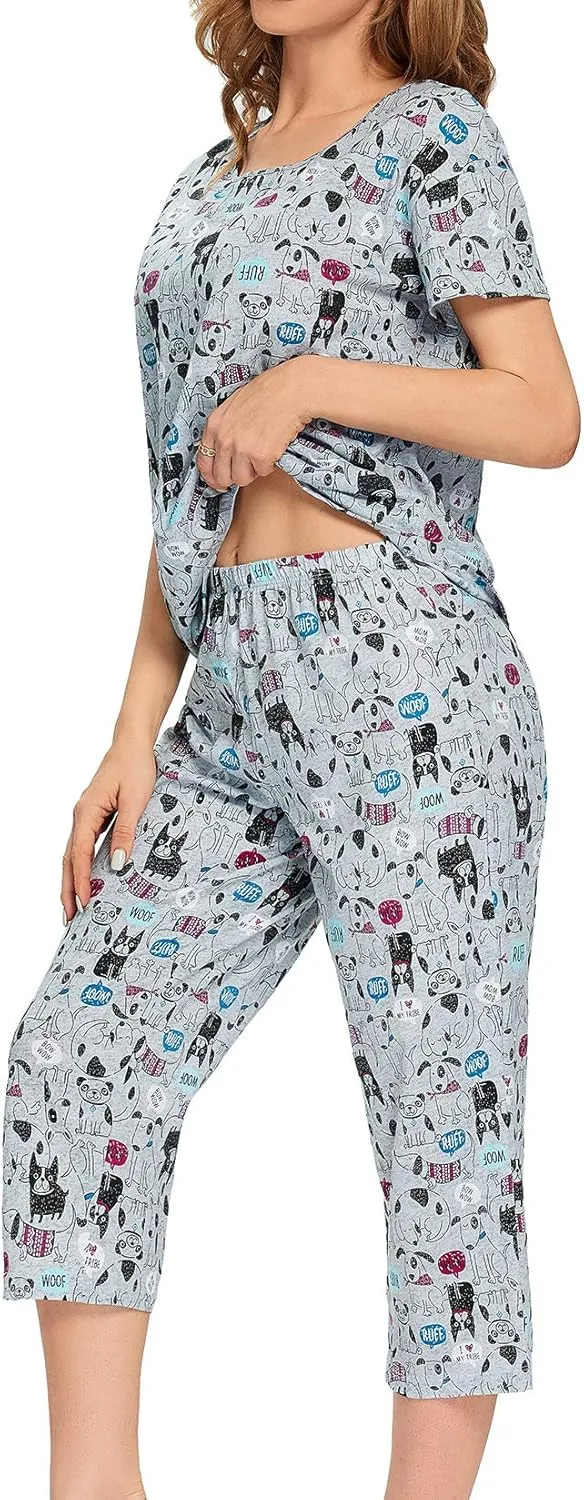 Lu's Chic Women's Cute Pajama Set Soft Cotton Capri Short Sleeve Comfy Pjs Pant Two Piece Sleepwear