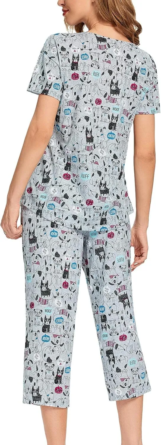 Lu's Chic Women's Cute Pajama Set Soft Cotton Capri Short Sleeve Comfy Pjs Pant Two Piece Sleepwear