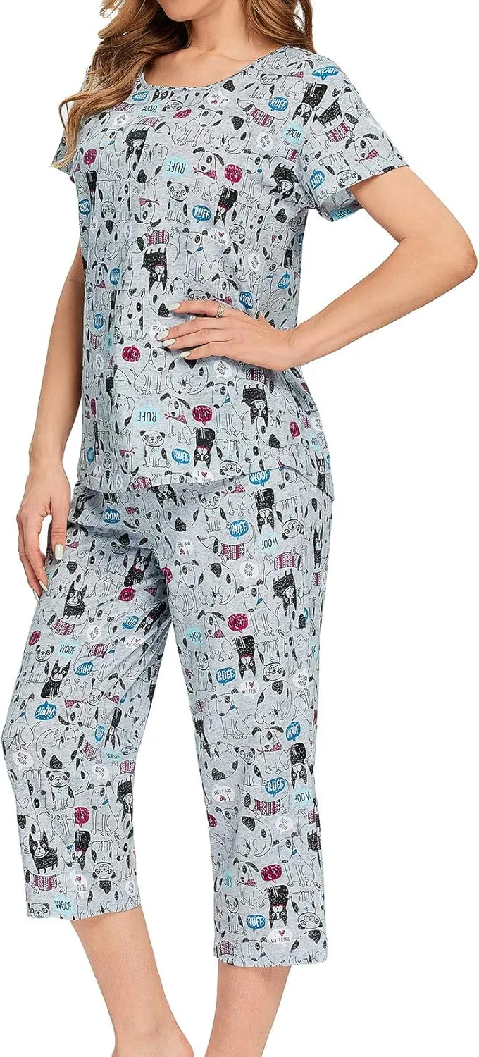 Lu's Chic Women's Cute Pajama Set Soft Cotton Capri Short Sleeve Comfy Pjs Pant Two Piece Sleepwear