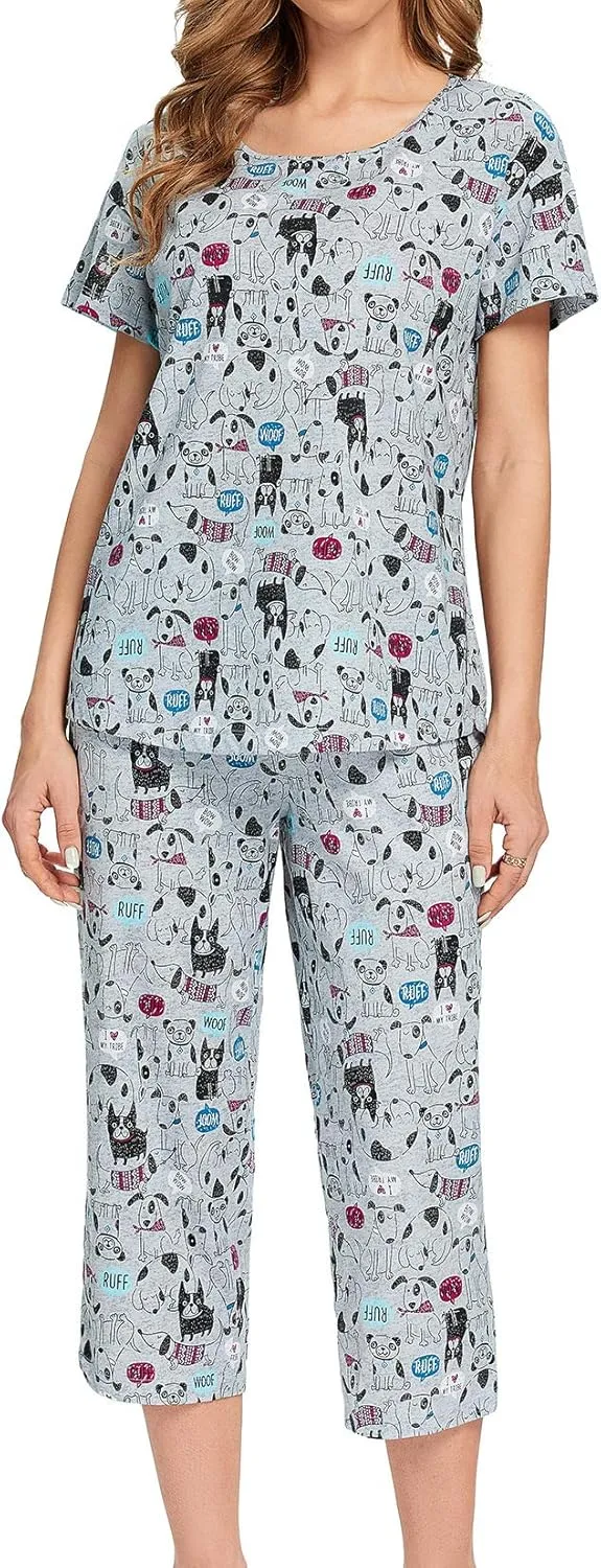 Lu's Chic Women's Cute Pajama Set Soft Cotton Capri Short Sleeve Comfy Pjs Pant Two Piece Sleepwear