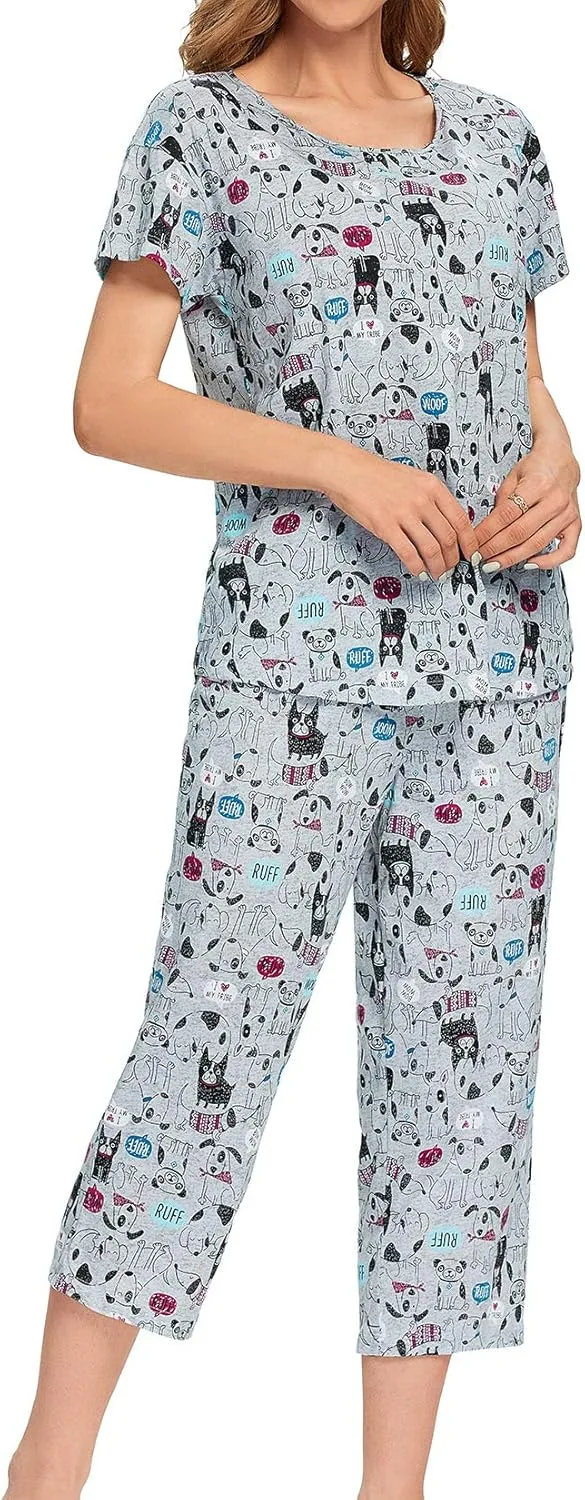 Lu's Chic Women's Cute Pajama Set Soft Cotton Capri Short Sleeve Comfy Pjs Pant Two Piece Sleepwear