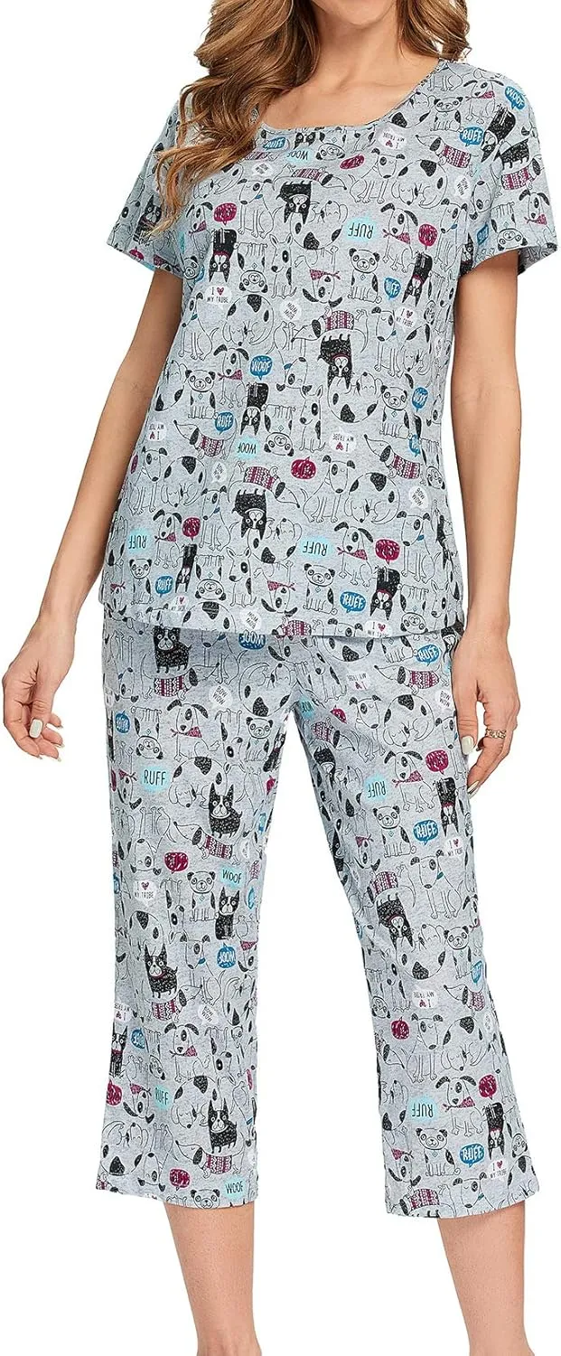 Lu's Chic Women's Cute Pajama Set Soft Cotton Capri Short Sleeve Comfy Pjs Pant Two Piece Sleepwear