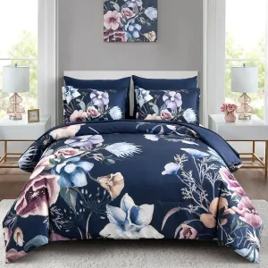 Luxudecor Floral Comforter Set Queen Size 7 Piece, Navy Flower Bed in a Bag, Elegant Floral Comforter with Sheet Set, Soft Microfiber Bedding Set for All Season (Navy, 90"x90")