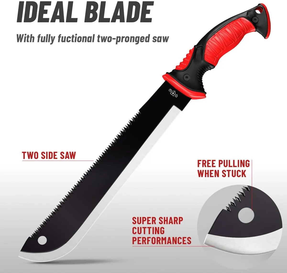 Machete with Saw - 19” Heavy Duty Tool & Sheath - Ergonomic No-Slip Handle - Survival Knife with Serrated Blade - Machetes for Bushcraft Outdoor Hunting Garden Cutting Trees and Yard Work 111084