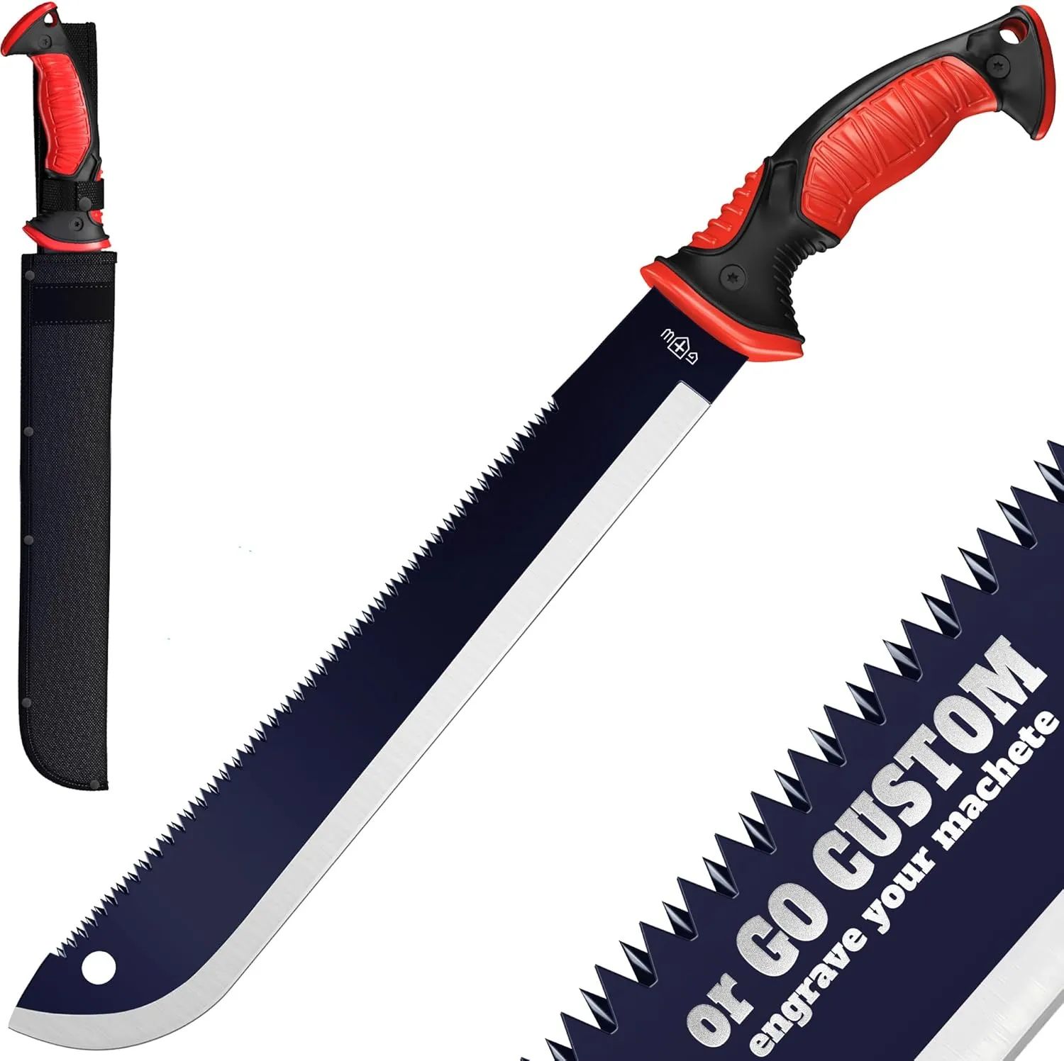 Machete with Saw - 19” Heavy Duty Tool & Sheath - Ergonomic No-Slip Handle - Survival Knife with Serrated Blade - Machetes for Bushcraft Outdoor Hunting Garden Cutting Trees and Yard Work 111084