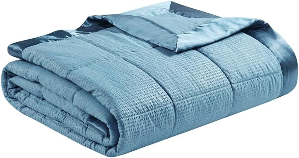 Madison Park Cambria Down Alternative Blanket, Premium 3M Scotchgard Moisture Wicking Treatment, Lightweight and Soft Bed Cover For Summer with Satin Trim, Oversized Twin Slate Blue
