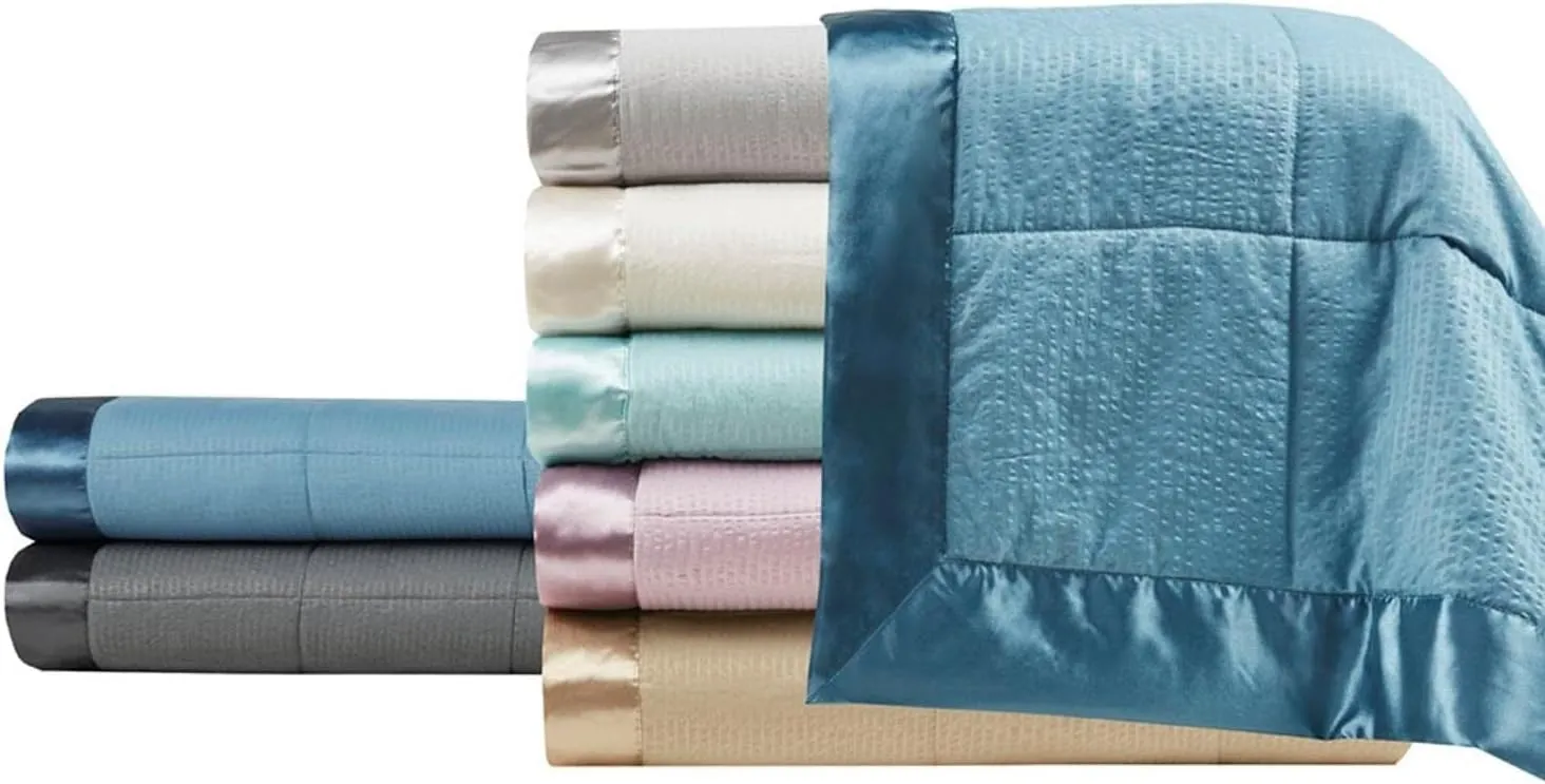 Madison Park Cambria Down Alternative Blanket, Premium 3M Scotchgard Moisture Wicking Treatment, Lightweight and Soft Bed Cover For Summer with Satin Trim, Oversized Twin Slate Blue