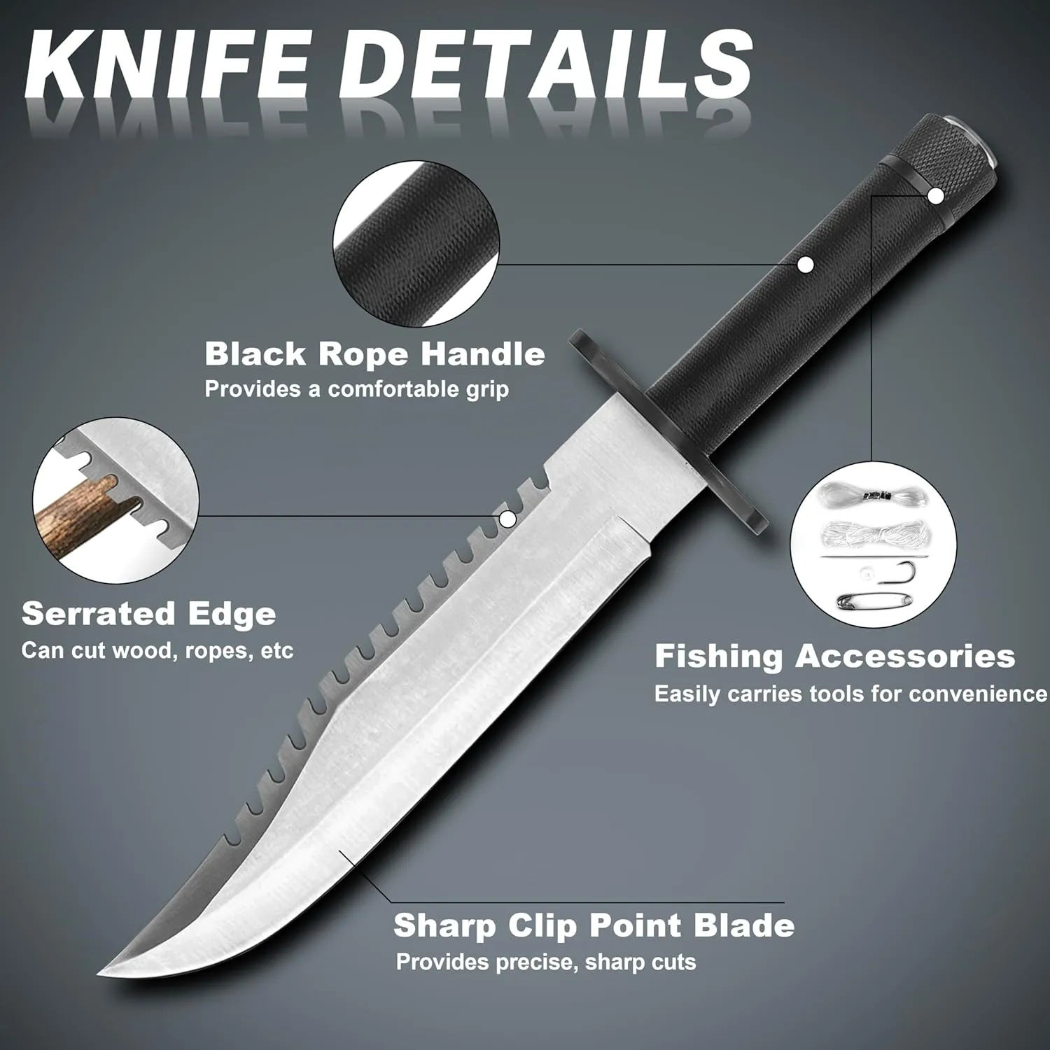 MADSABRE 13" Serrated Edge Fixed Blade Knife with Sheath and Compass Handle, Outdoor Camping Bowie Knife Hiking Bushcraft Knife Survival Hunting Knives