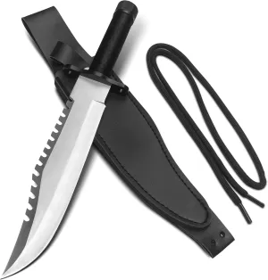 MADSABRE 13" Serrated Edge Fixed Blade Knife with Sheath and Compass Handle, Outdoor Camping Bowie Knife Hiking Bushcraft Knife Survival Hunting Knives