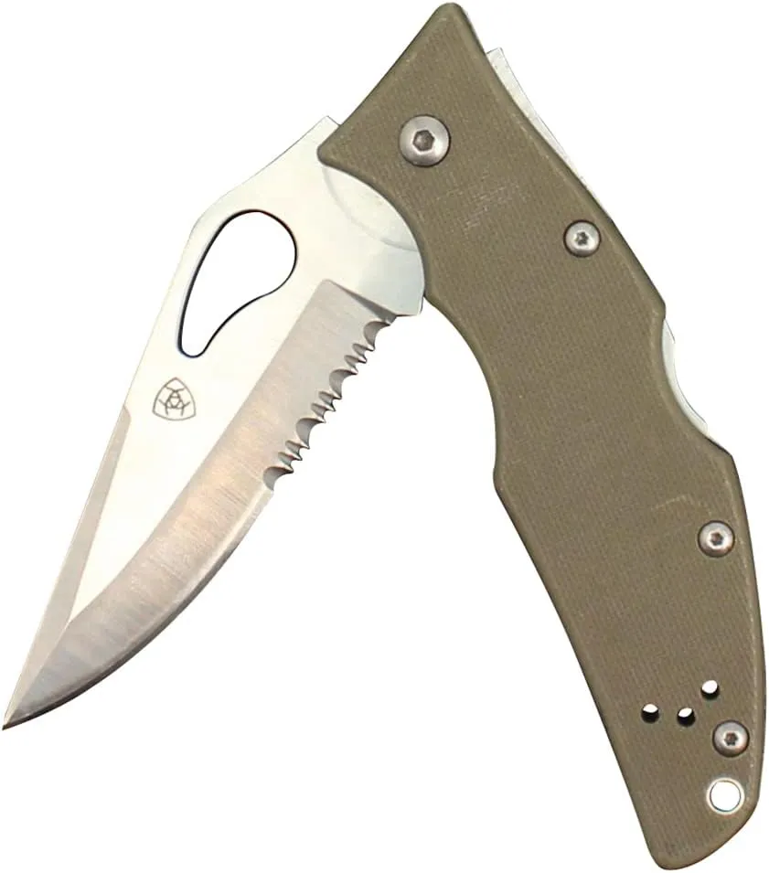 M&F WESTERN Large Ariat Folding Plain Serrated Knife Olive