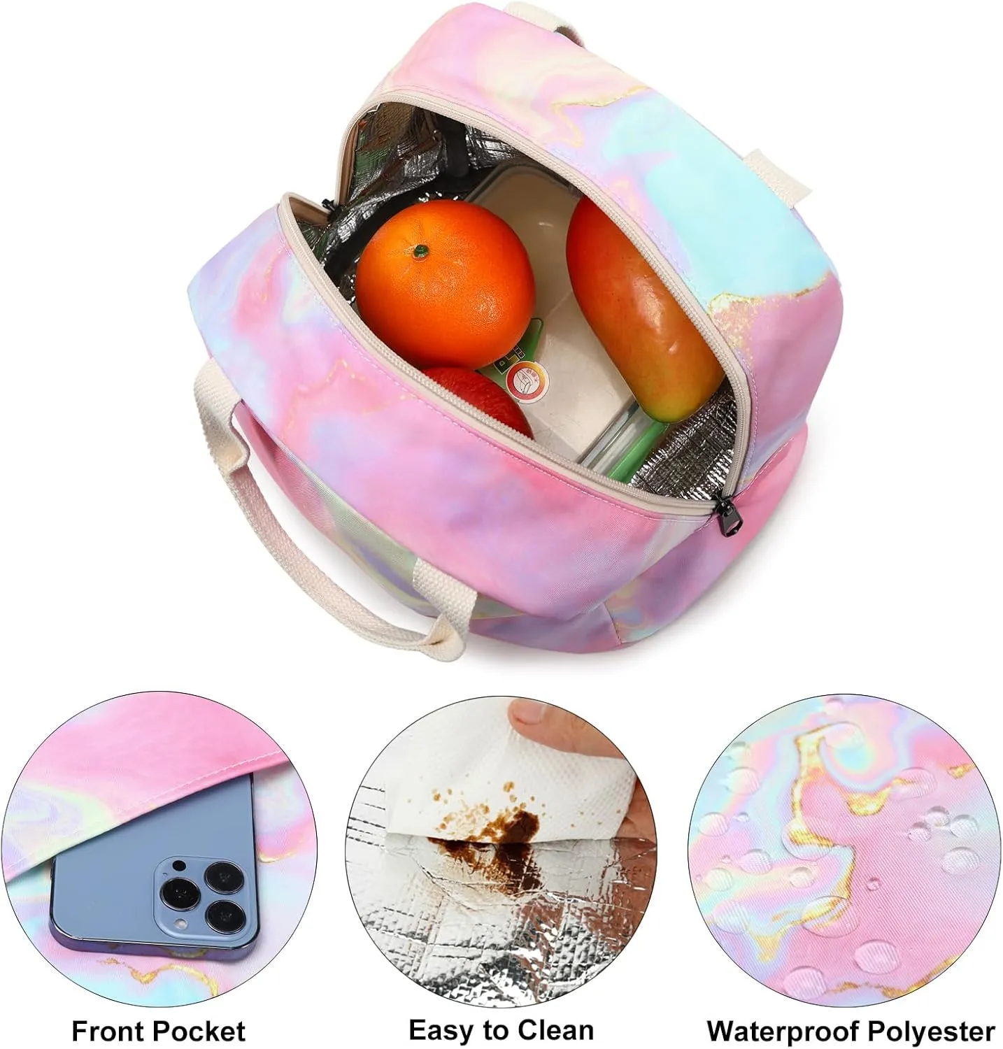 Marble Lunch Bag for Women Girls, Insulated Lunch Tote Bags Reusable Lunch Box for Kids Adults School Work Picnic Travel (Pink)