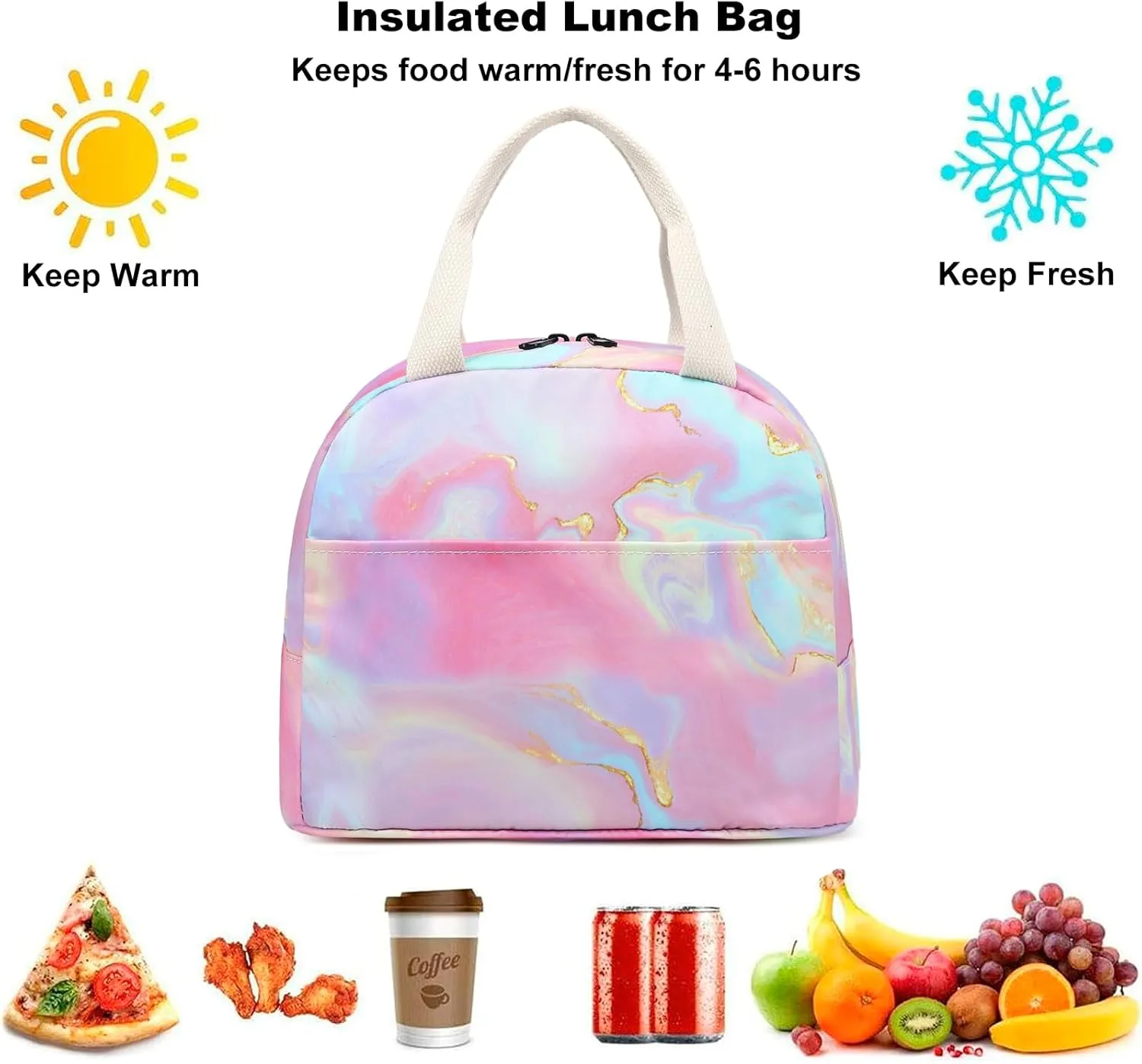 Marble Lunch Bag for Women Girls, Insulated Lunch Tote Bags Reusable Lunch Box for Kids Adults School Work Picnic Travel (Pink)