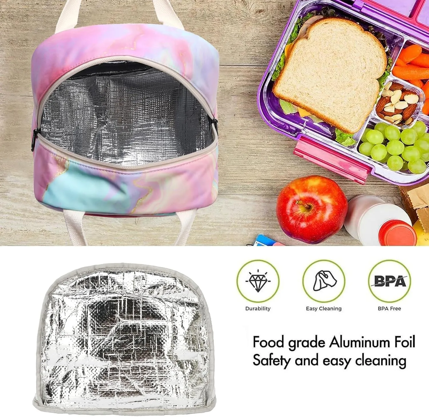 Marble Lunch Bag for Women Girls, Insulated Lunch Tote Bags Reusable Lunch Box for Kids Adults School Work Picnic Travel (Pink)