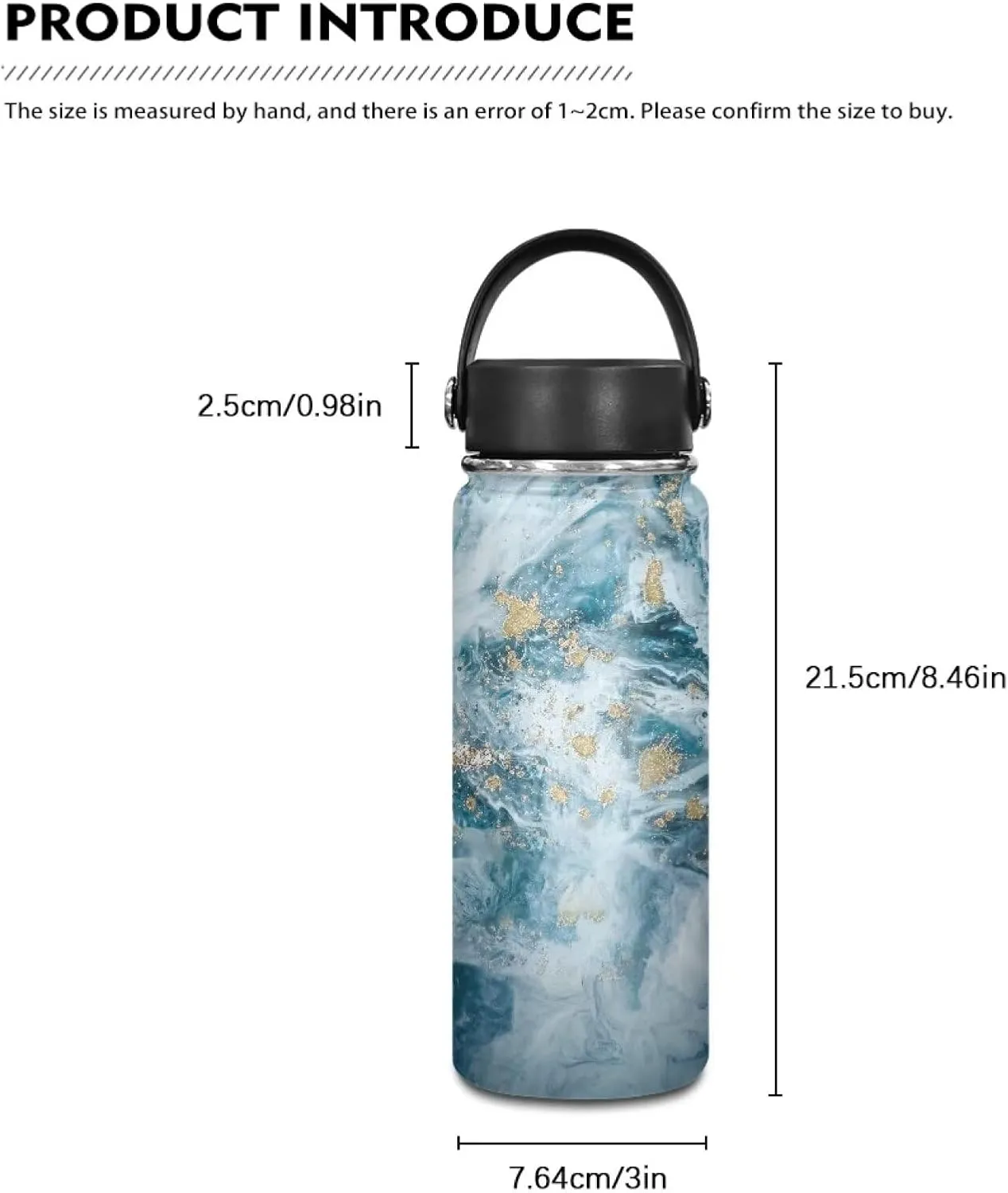 Marble Print Insulated Water Bottle 20 Oz, Vacuum Stainless Steel Sports Water Jug Flask with Handle, Leak Proof Wide Mouth Reusable Mug for Daily Use