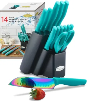 Marco Almond Knife Block Set, Knife Set Rainbow Color, 14 Piece Stainless Steel Kitchen Knife Sets with Block, KYA27 Chef Cooking Steak Knives Set for Kitchen