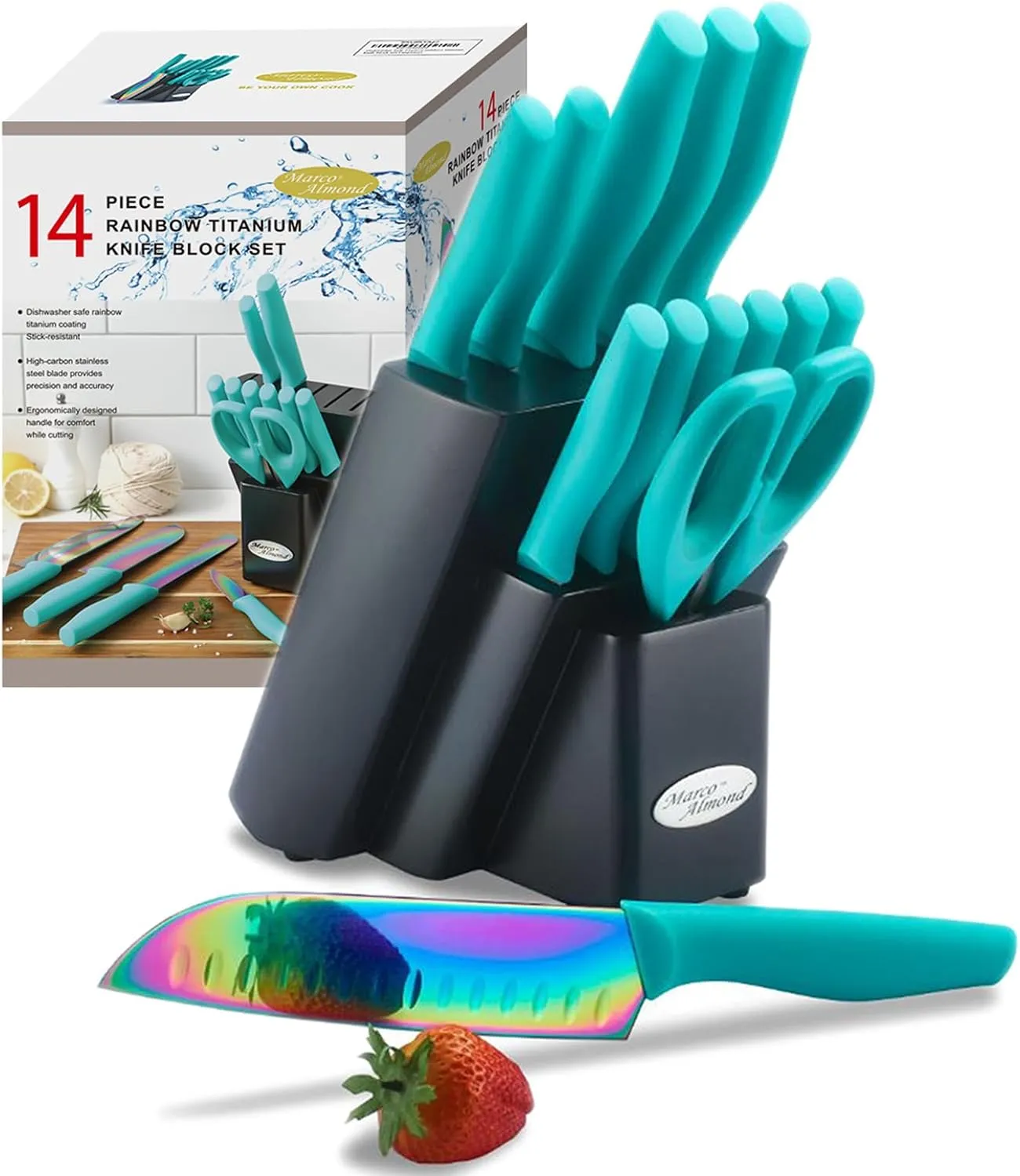 Marco Almond Knife Block Set, Knife Set Rainbow Color, 14 Piece Stainless Steel Kitchen Knife Sets with Block, KYA27 Chef Cooking Steak Knives Set for Kitchen