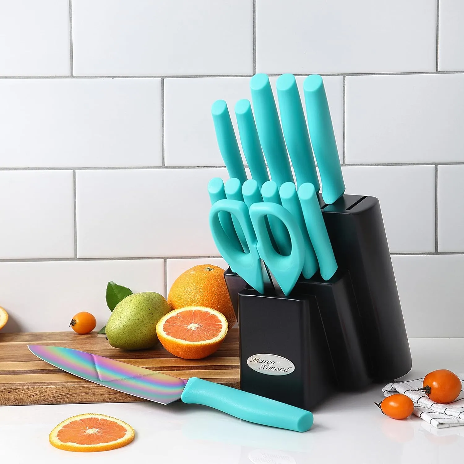 Marco Almond Knife Block Set, Knife Set Rainbow Color, 14 Piece Stainless Steel Kitchen Knife Sets with Block, KYA27 Chef Cooking Steak Knives Set for Kitchen