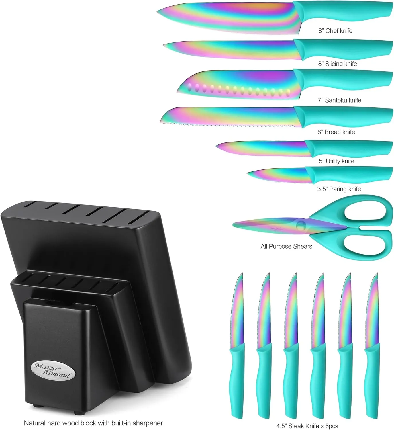 Marco Almond Knife Block Set, Knife Set Rainbow Color, 14 Piece Stainless Steel Kitchen Knife Sets with Block, KYA27 Chef Cooking Steak Knives Set for Kitchen