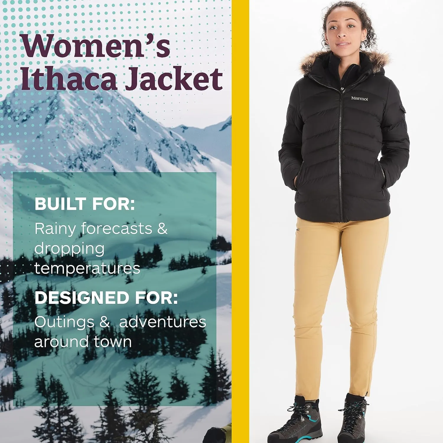 MARMOT Women's Ithaca Jacket - 700-Fill Down-Insulated, Water-Resistant Coat with Zip-Off Hood and Removable Fur Ruff