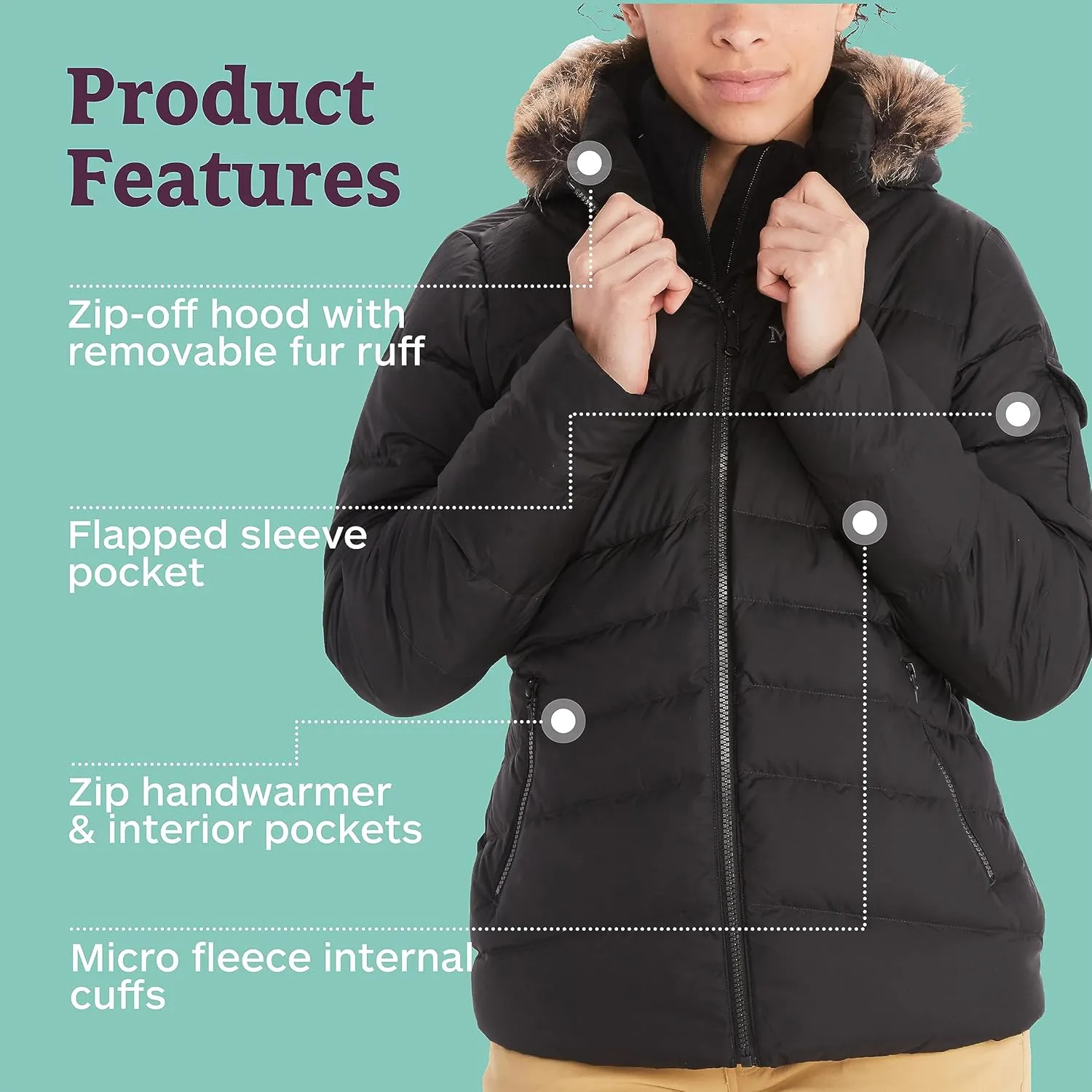 MARMOT Women's Ithaca Jacket - 700-Fill Down-Insulated, Water-Resistant Coat with Zip-Off Hood and Removable Fur Ruff