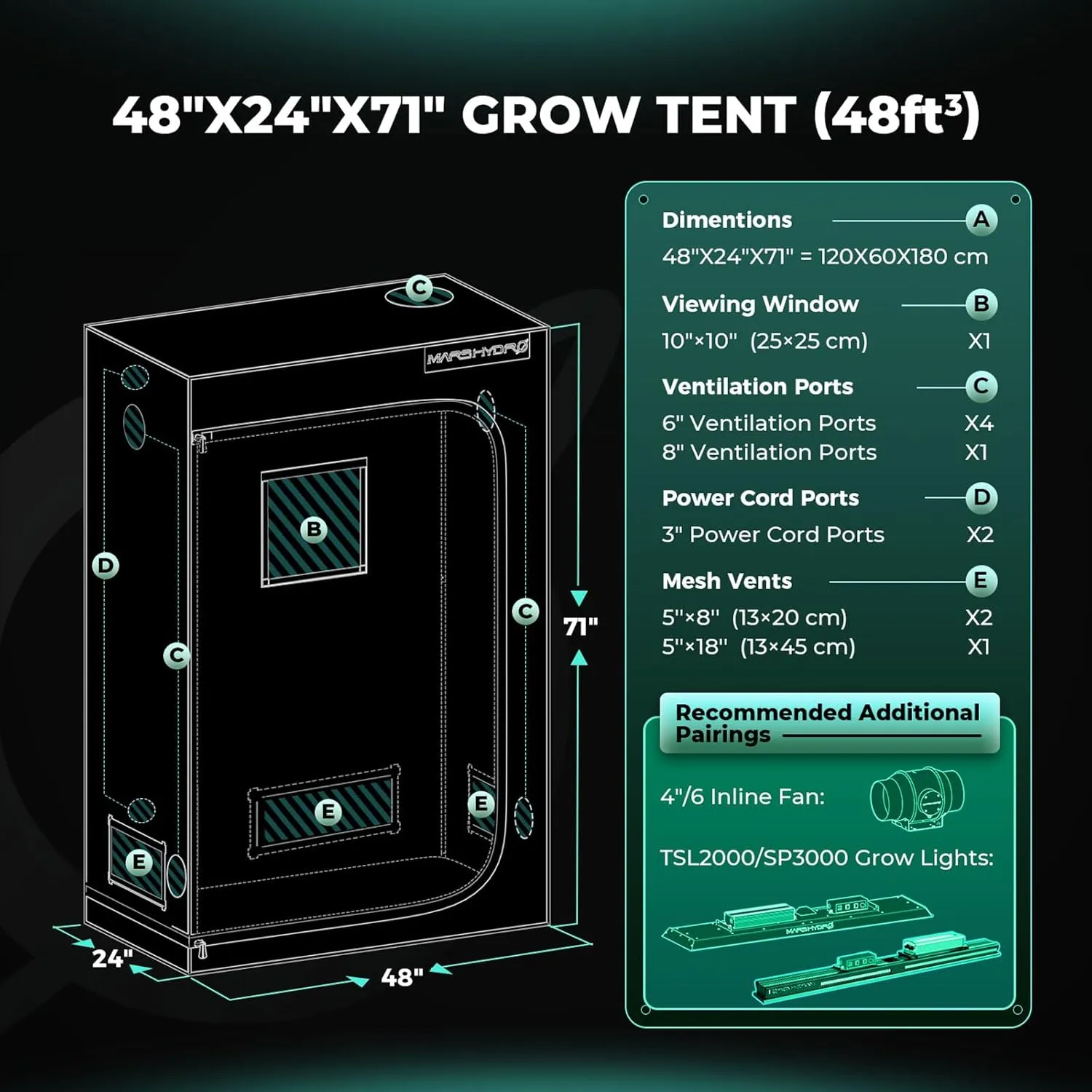 MARS HYDRO 4x2x6 Advanced Grow Tent, 48"x24"x71" High Reflective Mylar 1680D for Hydroponics Indoor Plant Growing, with Observation Window,Floor Tray and Smooth Zipper for TSL2000/SP3000