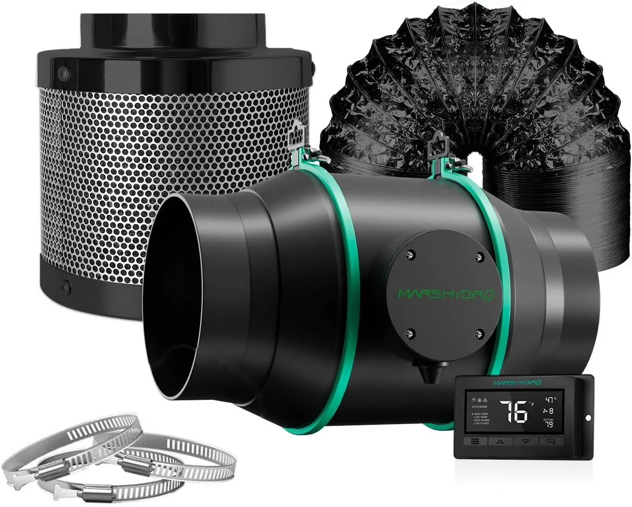 MARS HYDRO 6 Inch Inline Fan and Filter, with Temperature and Humidity Controller, and 25 Feet Ducting, Exhaust Fan for Grow Tents, Hydroponics