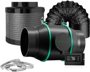 MARS HYDRO 6 Inch Inline Fan and Filter, with Temperature and Humidity Controller, and 25 Feet Ducting, Exhaust Fan for Grow Tents, Hydroponics