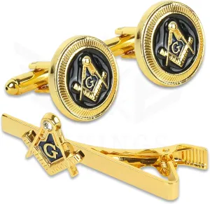 Masonic Freemason Square & Compass Tie Clip, Cufflinks, and Lapel Pin Set – Gold Mason Suit Accessories for Men